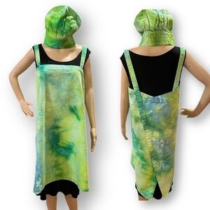 Tie Dye large Japanese wrap around apron with matching toque chef's hat green